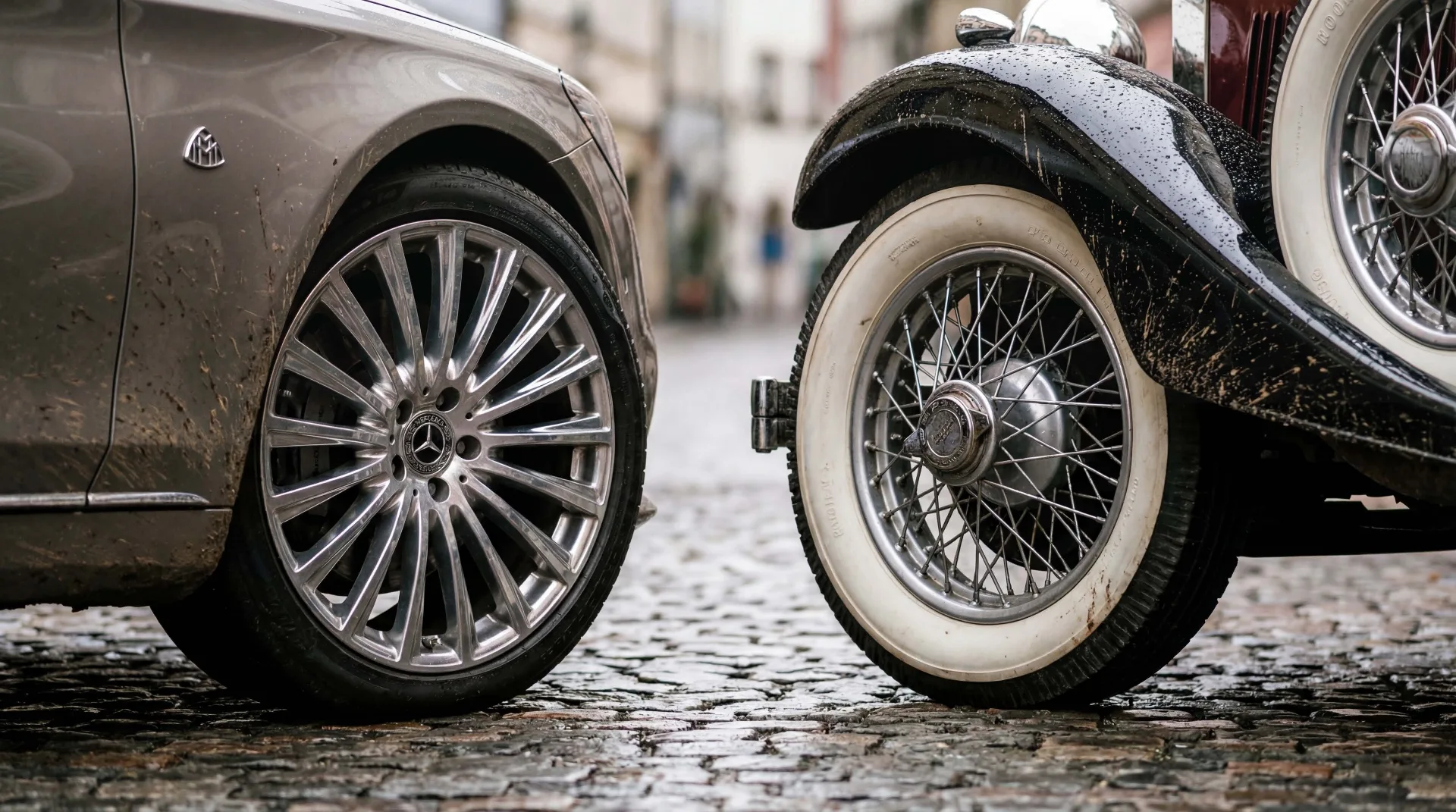 Moderne Mercedes-Felge neben klassischer Oldtimer-Speichenfelge mit Weißwandreifen - Klassik trifft Moderne